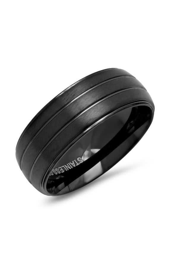 Men's Black Ip Stainless Steel Matte Lined Band Ring