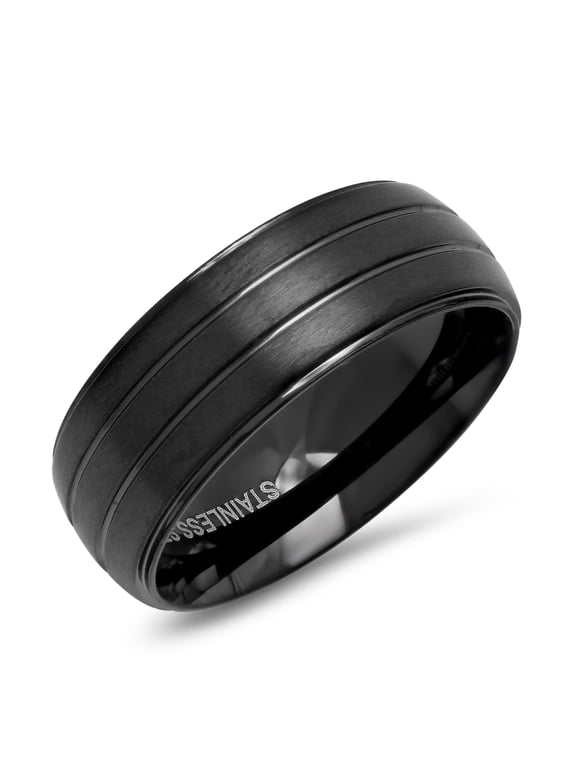Men's Black Ip Stainless Steel Matte Lined Band Ring