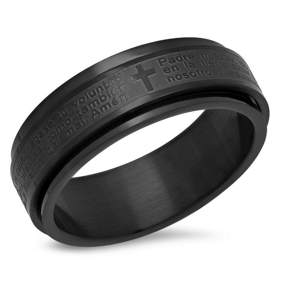 Men's Black Ip Stainless Steel Padre Nuestro Prayer Spinner Ring