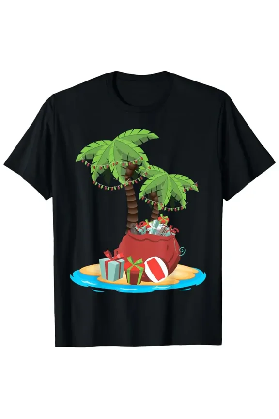 Men's Black Island Paradise Pirate Treasure Chest T-Shirt - Retro Tropical Palm Tree & Treasure Map Print Short Sleeve Tee, Comfort Fit Cotton Shirt S-3XL for Beach Parties