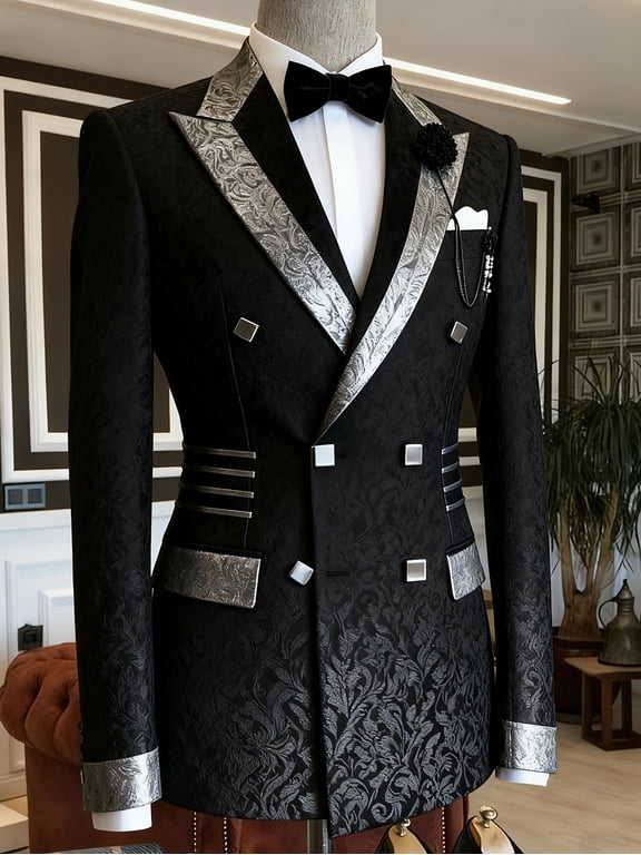 Men's Black Jacquard Double-Breasted Blazer, Slim Fit Formal Suit Jacket with Silver Brocade Trim for Weddings Galas & Special Events