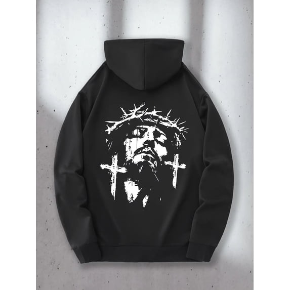 Men's Black Jesus Christ Graphic Hoodie Sweatshirt with Crown of Thorns & Cross Back Print, Kangaroo Pocket, Casual Christian Apparel, Comfortable Casual