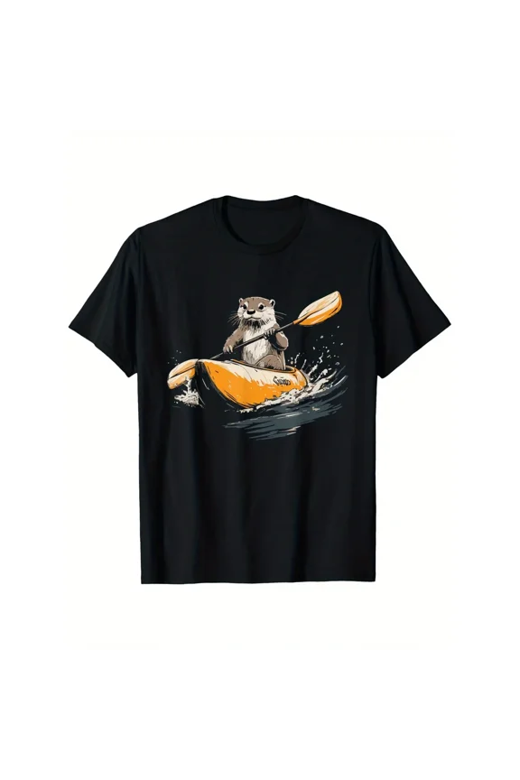 Men's Black Kayaking Otter Graphic T-Shirt - 100% Cotton, Short Sleeve, Round Neck, Fun Paddling Design