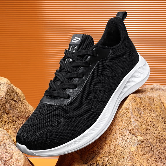 Men's Black Knit Breathable Mesh Running Shoes, Lightweight Athletic Sneakers with White Sole for Sports, Gym, and Casual Wear