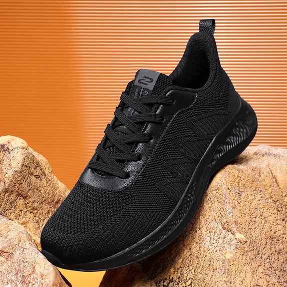 Men's Black Knit Breathable Mesh Running Shoes, Lightweight Athletic Sneakers with White Sole for Sports, Gym, and Casual Wear