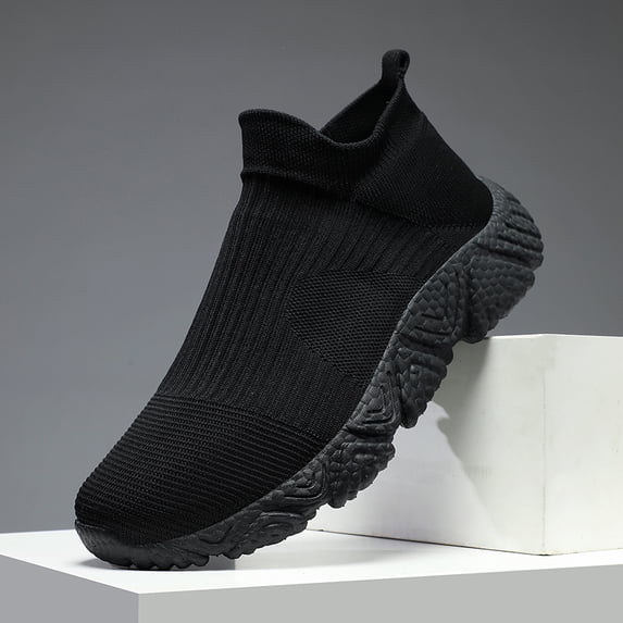 Men's Black Knit Sock Slip-On Breathable Chunky Sole Running Sneakers