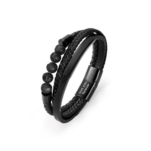 Men’s Black Lava Rock Leather Bracelet – Aromatherapy Diffuser Beads with “Love You Forever” Magnetic Clasp