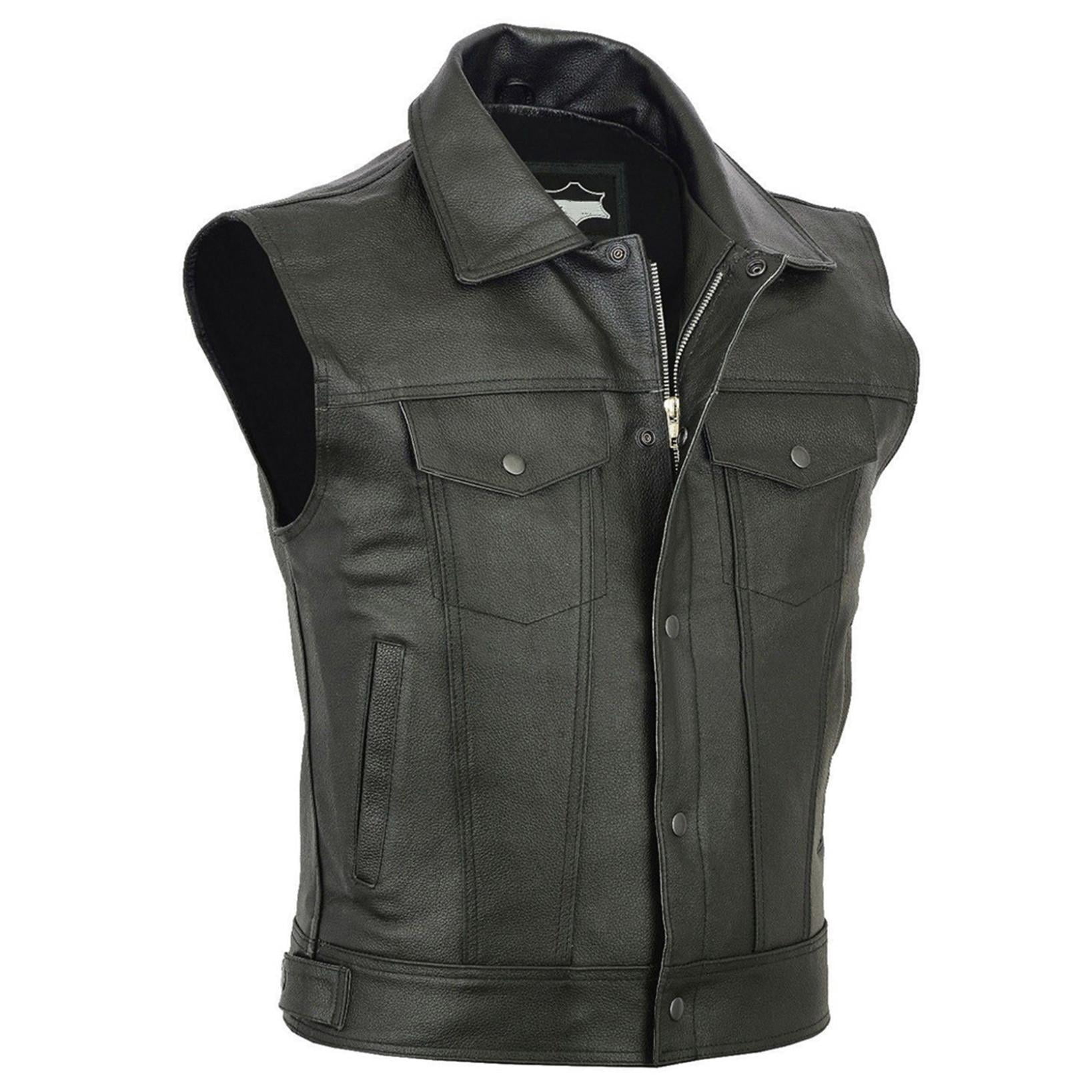 Men's Classic Black Leather Collar Style Motorcycle Vest