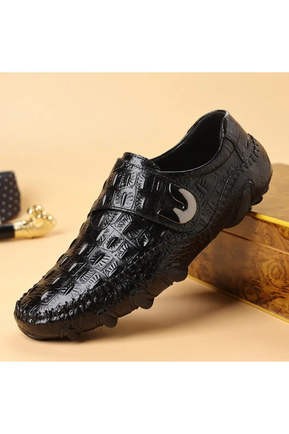Men's Black Leather Crocodile Print Loafers, Hook-and-Loop Strap Non-Slip Driving Moccasins