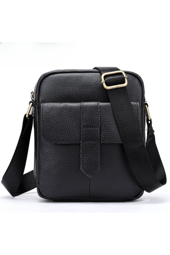 Mens Black Leather Crossbody Bag Small Cowhide Shoulder Messenger Bag with Adjustable Strap and Multi-Compartments Travel, Work, Casual