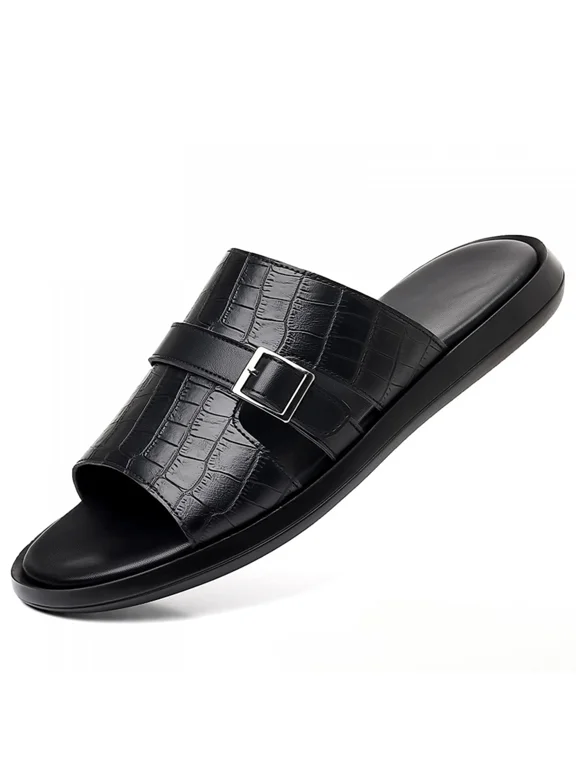 Men's Black Leather Open-Toe Slippers, Crocodile Print with Non-Slip Casual Footwear