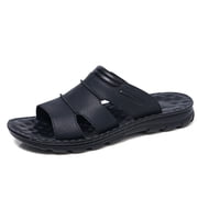 Mens Black Leather Slide Sandals, Casual Thick-Sole Summer Slippers