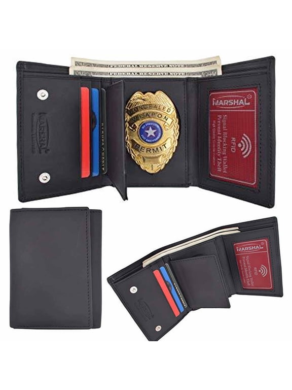 Men's Black Leather Wallet RFID Badge Sheriff Police Shield Security ID Holder