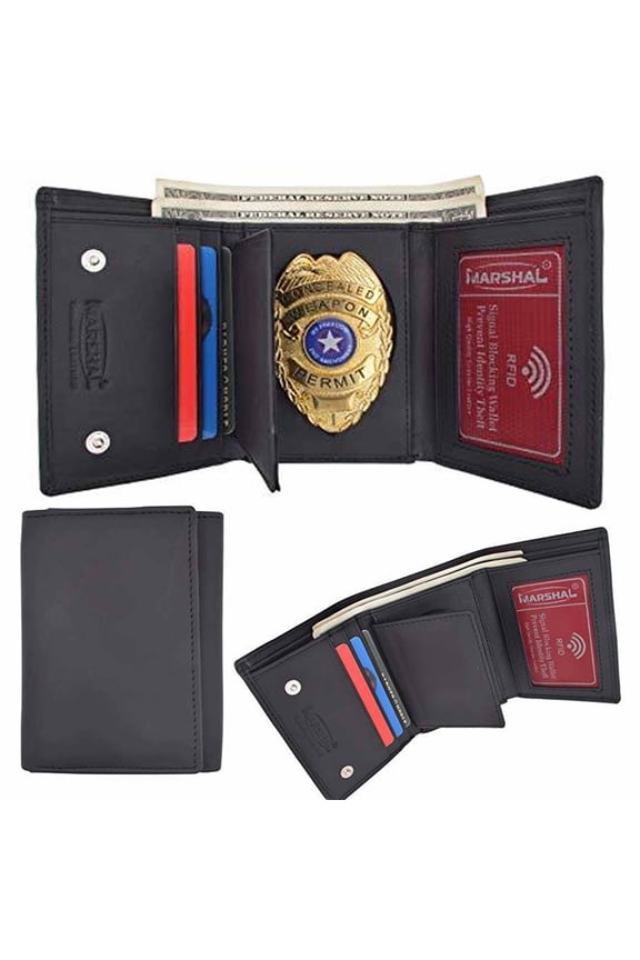 Men's Black Leather Wallet RFID Badge Sheriff Police Shield Security ID Holder