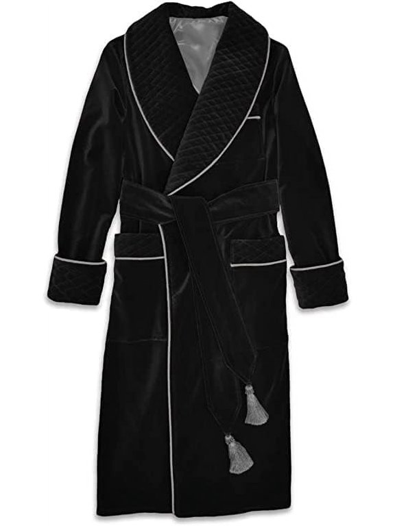 Men's Black Long Smoking Jacket, Men Black Velvet Smoking House Wear Hosting Vintage Dressing Gown 