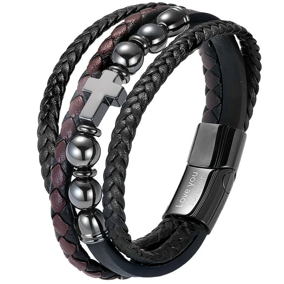 Men’s Black Magnetic Cross Bracelet – Stainless Steel Beads Leather Wristband “Love You Forever”, Minimalist Faith Jewelry