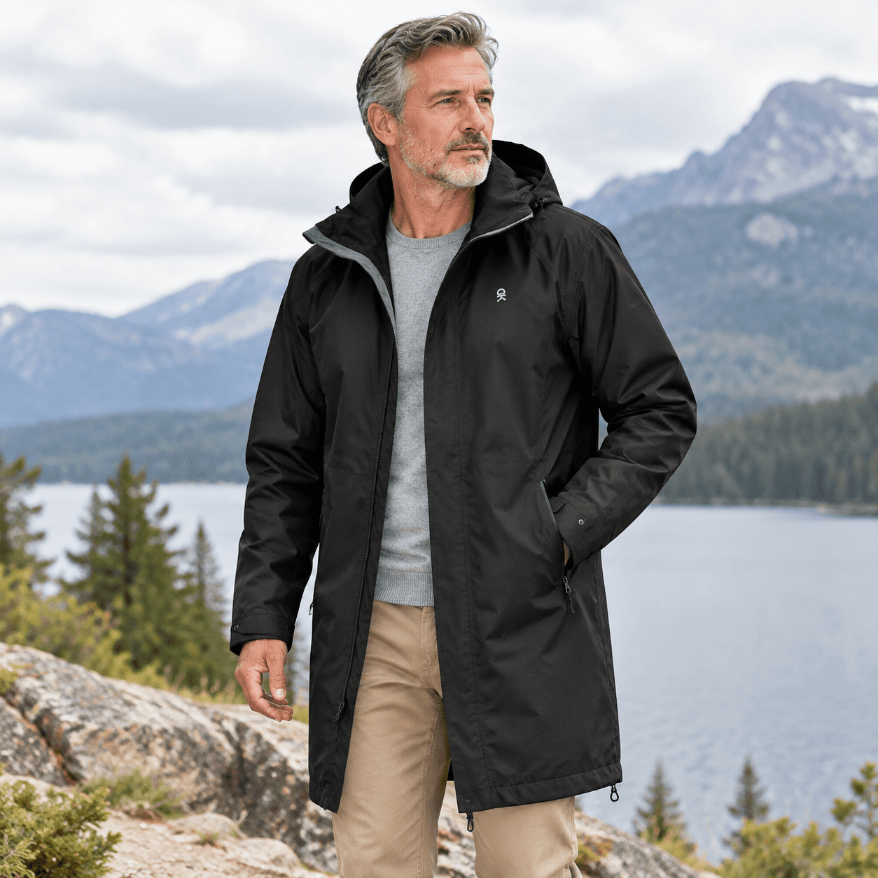 Men's Black Medium Waterproof Long Rain Shell Jacket Windbreaker ...