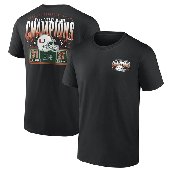 Men's Black Miami Hurricanes College Football Playoff 2026 Fiesta Bowl Champions Scoring Drive T-Shirt