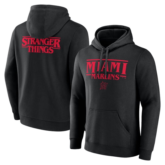 Men's Black Miami Marlins Stranger Things Logo Lockup Pullover Hoodie