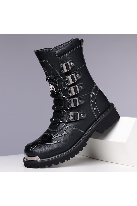 Men's Black Mid Calf Cowhide Motorcycle Boots, Round Toe Multi Buckle Metal Decor Slip On Punk Gothic Combat Boots