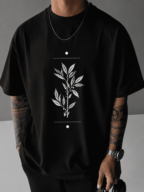 Men’s Black Minimalist Botanical Graphic T-Shirt – Streetwear Casual Floral Line Art Tee