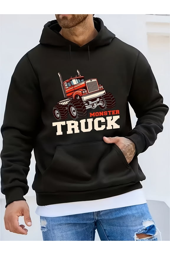 Men's Black Monster Truck Hoodie with Red Truck & Thick Tires Graphic, 'MONSTER TRUCK' Text - Cozy Cotton Sweatshirt, Casual Front Pocket Hooded Jacket for Truck Enthusiasts, Ideal Gift