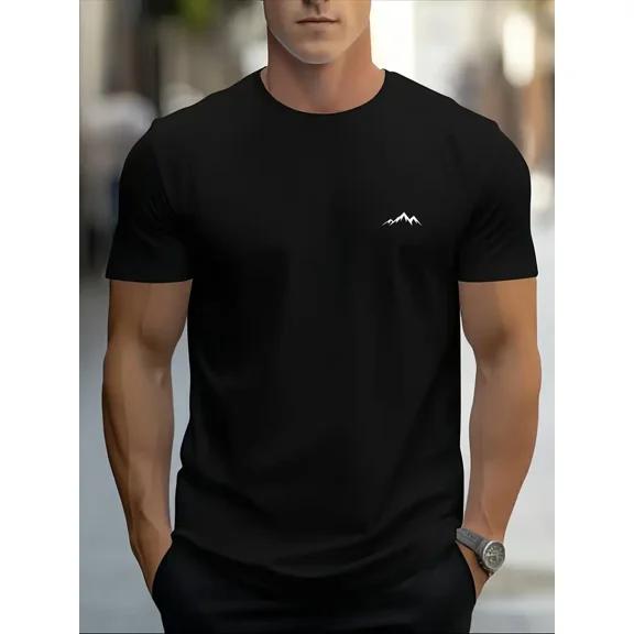 Men's Black Mountain Print T-Shirt with White Mountain & Tree Design - Breathable Round Neck Short Sleeve, Regular Fit Casual Outdoor & Casual Attire - All-Season Comfort