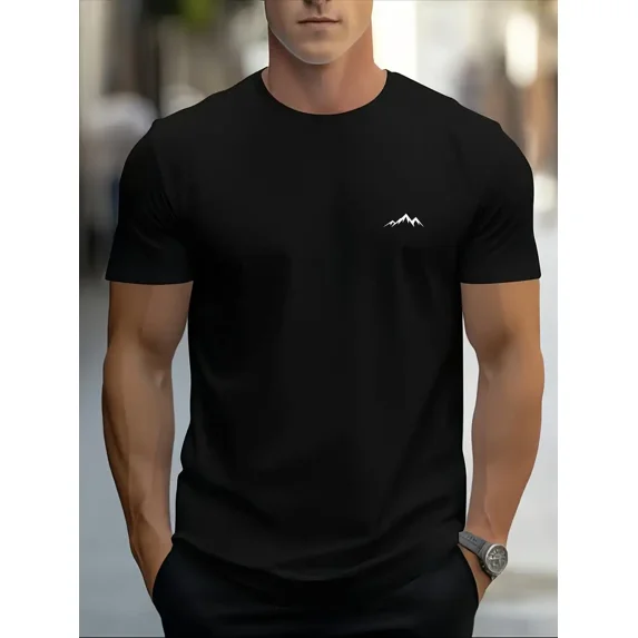 Men's Black Mountain Print T-Shirt with White Mountain & Tree Design - Breathable Round Neck Short Sleeve, Regular Fit Casual Outdoor & Casual Attire - All-Season Comfort