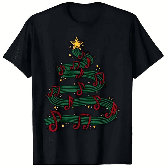 Men’s Black Musical Notes Christmas Tree Holiday T-Shirt