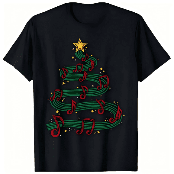 Men’s Black Musical Notes Christmas Tree Holiday T-Shirt