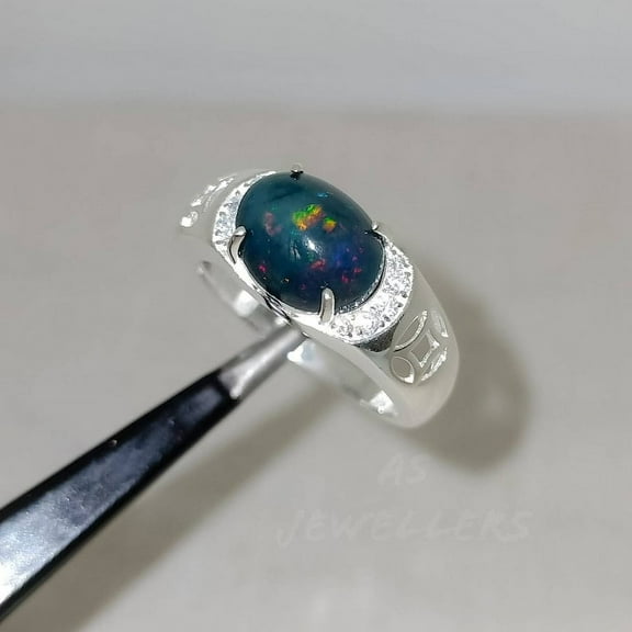 Men's Black Opal Ring - October Birthstone Ring - 925 Sterling Silver Ring - Handmade Ring - Fire Opal Ring - Opal Solitaire - Gifts For Him