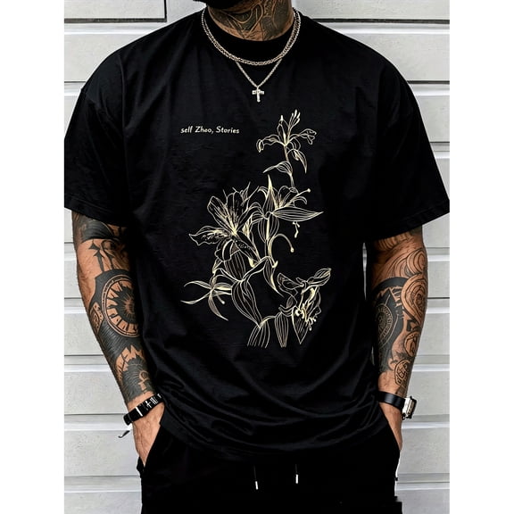 Men's Black Oversized Crew Neck Floral Graphic T-Shirt, Gold Line Lily Botanical Art Short Sleeve Tee
