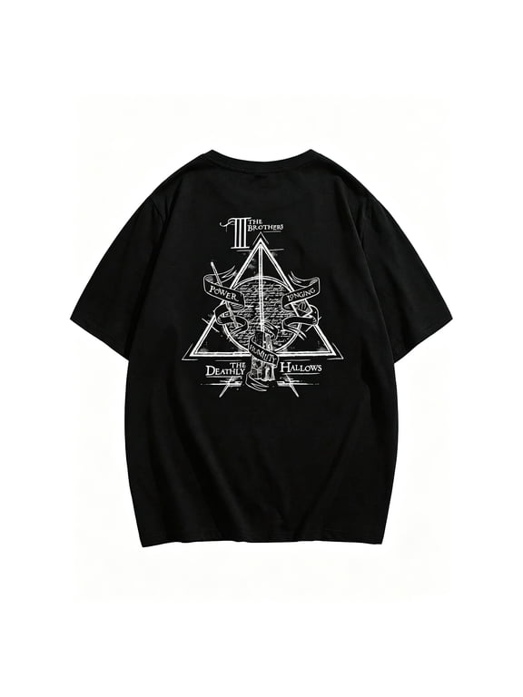 Men's Black Oversized Crew Neck Wizard Movie T-Shirt, Double Sided Deathly Hallows Front Back Print Short Sleeve Tee