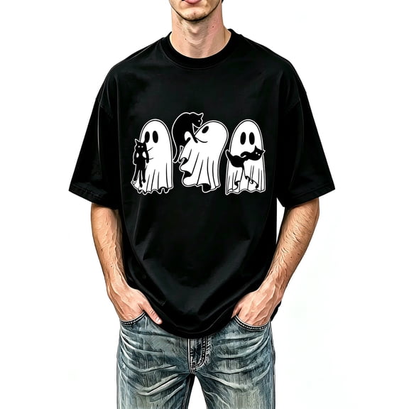 Men's Black Oversized Halloween Crew Neck Ghost Black Cat T-Shirt, Chest Graphic Print Short Sleeve Tee