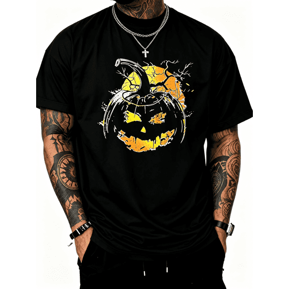Men's Black Oversized Halloween Crew Neck Vintage Jack O' Lantern Moon T-Shirt, Chest Graphic Print Short Sleeve Tee