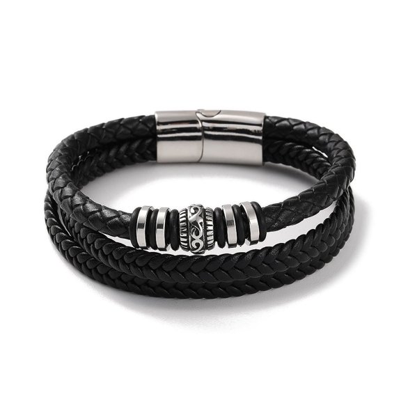 Men's Black PU Leather Cord Multi-Strand Bracelets Ring 201 Stainless Steel Link Bracelets with 304 Stainless Steel Magnetic Clasps Silver 8-3/4 inch(22.2cm)