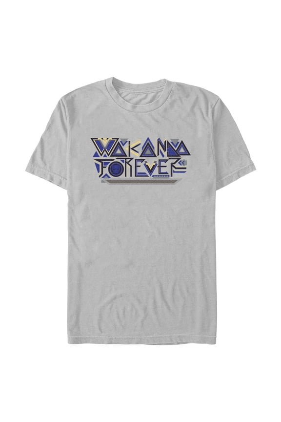Men's Black Panther: Wakanda Forever Yellow and Blue Pattern Logo Graphic Tee Silver Large