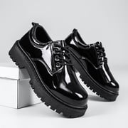 Mens Black Patent Leather Lace Up Platform Oxford Shoes, Round Toe Thick Lug Sole Fashion Casual Derby Shoes