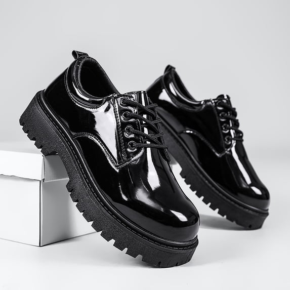 Men's Black Patent Leather Lace Up Platform Oxford Shoes, Round Toe Thick Lug Sole Fashion Casual Derby Shoes