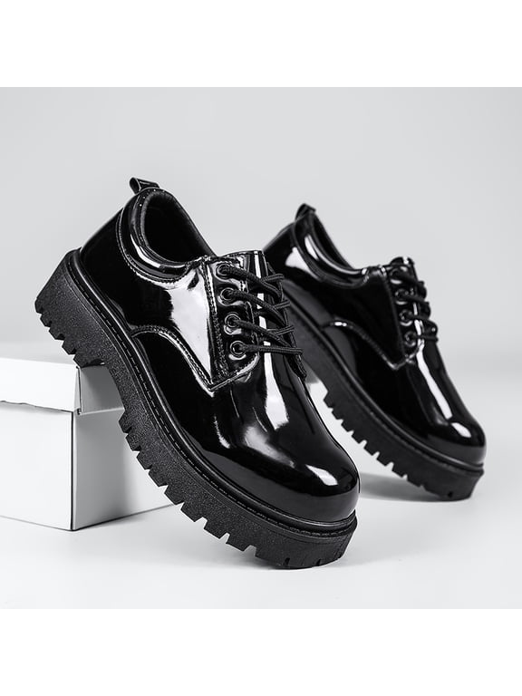 Men's Black Patent Leather Lace Up Platform Oxford Shoes, Round Toe Thick Lug Sole Fashion Casual Derby Shoes