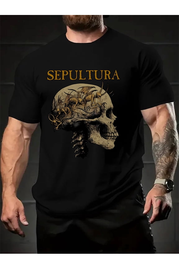 Men's Black Pattern Printed-shirt-Sepultura Skull Design, Casual Crew Neck, Short Sleeve, Summer Men's Polyester-shirt, Washable, Daily Comfort| Avant-Garde Design| Comfortable Fit, Skull-shirt