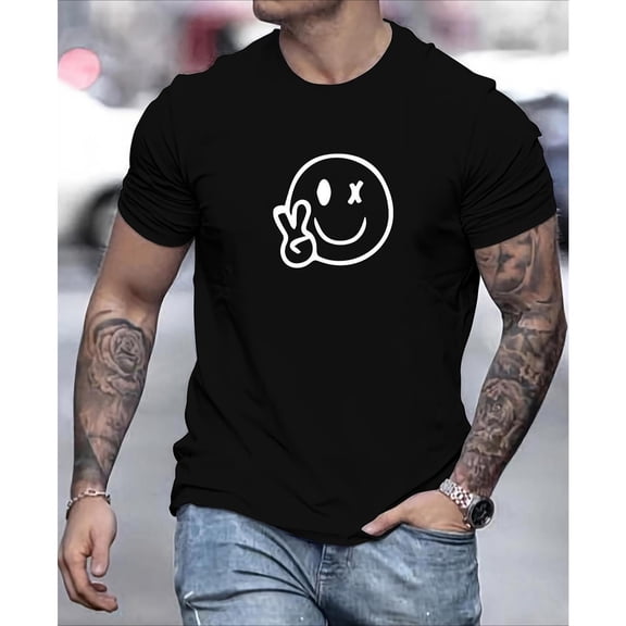 Men's Black Peace Sign Smiley Face Graphic Tee Plus Size S-5XL, Stylish Printed T-Shirt, Casual Oversized Top for Streetwear Enthusiasts & Trendy Style Lovers