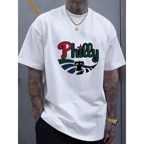 Men's Black Philly Liberty Bell Graphic T-Shirt - Short Sleeve Round Neck Casual Summer Tee with Geometric Design, Machine Washable Regular Fit for Casual Attire, Streetwear Style, Statement Shirt