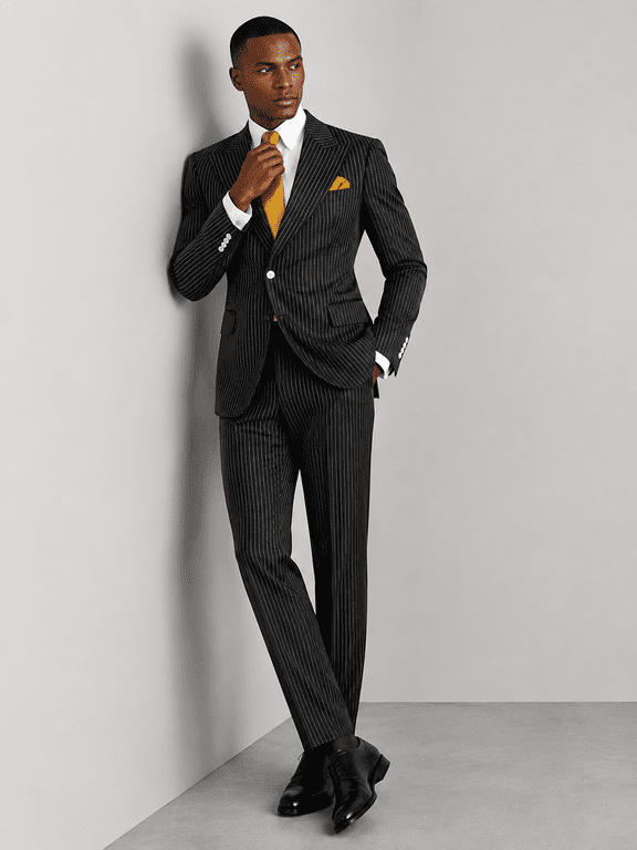 Men's Black Pinstripe Pattern and Double-Breasted Tuxedo Blazer with Peak Lapel for Wedding, Prom and Formal Events