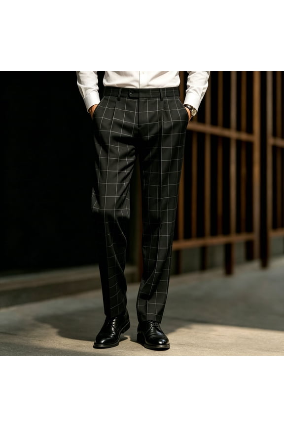 Men's Black Plaid Straight-Leg Dress Pants, Sleek Commuter Style, Refined & Elegant Vibe, All-Season Business Wear, Ideal for Work & Date Occasions