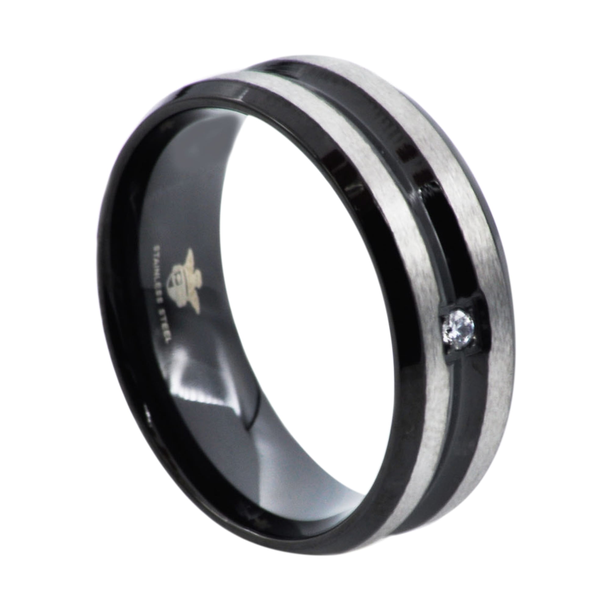 Men's Black Plated Stainless Steel Band With Cubic Zirconia.