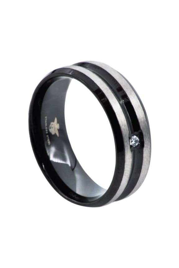 Men's Black Plated Stainless Steel Band With Cubic Zirconia.