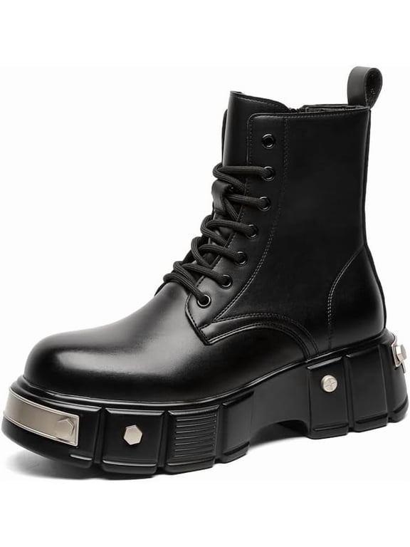 Men's Black Platform Combat Boots - Gothic Ankle Booties with Lug Sole, Lace-Up & Side Zip