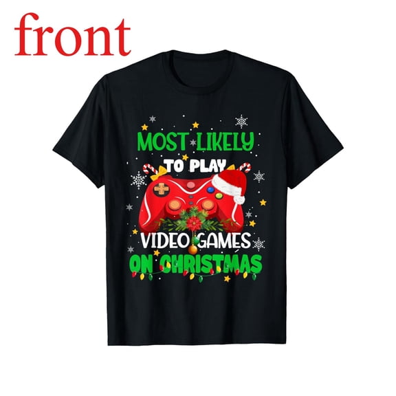Men's Black Print Tshirt Graphic Tees Shirts Christmas Most Likely To Play Video Games Design Casual Tops S-5XL