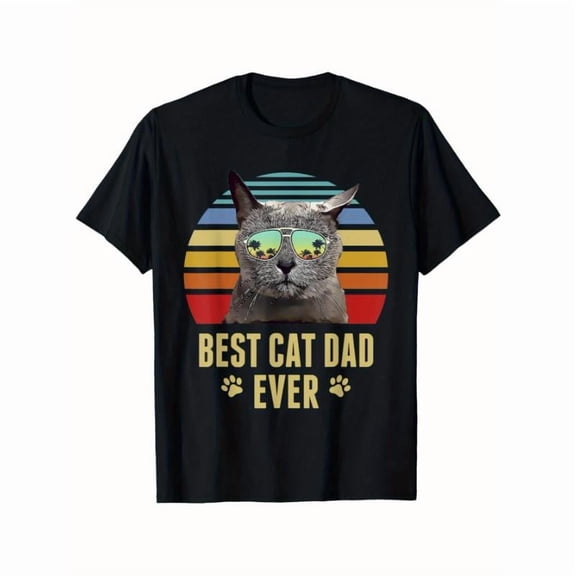 Men's Black Print Tshirt Graphic Tees Shirts Funny Best Cat Dad Ever Retro Cat Design Casual Tops S-5XL